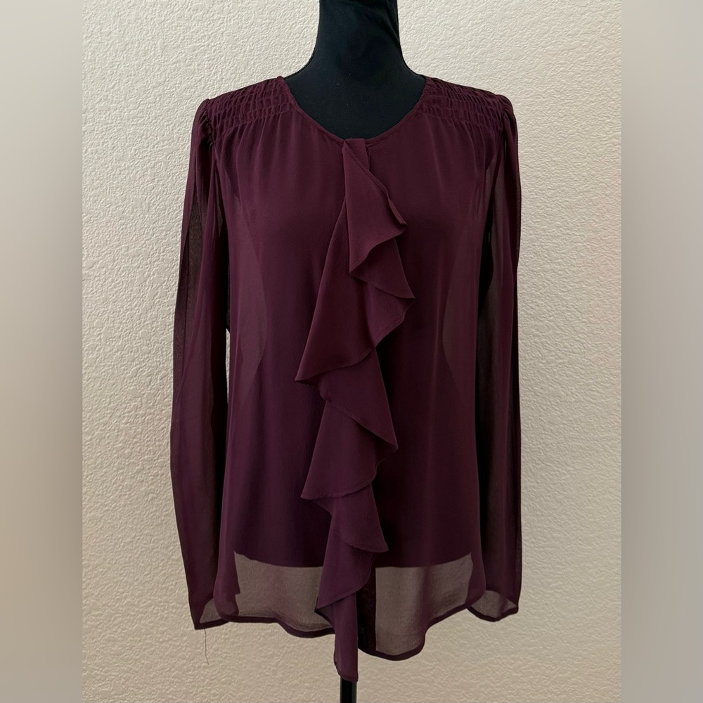 Anthropologie Moulinette Soeurs Plum Ruffle Button Up Sheer Silk Blouse Size 6